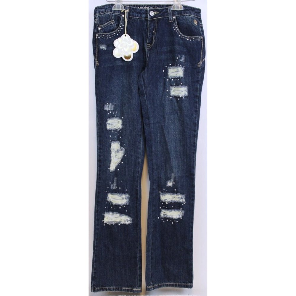 Justice Limited Too Girl's Ripped Rhinestone Straight Flower Jeans size 16R Fall